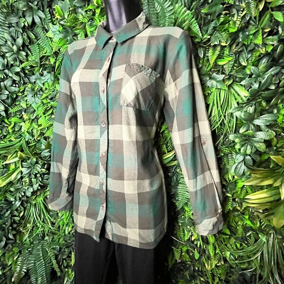 Isaac Mizrahi Live Tops Women 6‎ Green Button Shirt Blouse Collared Plaid 0534 - Picture 3 of 13